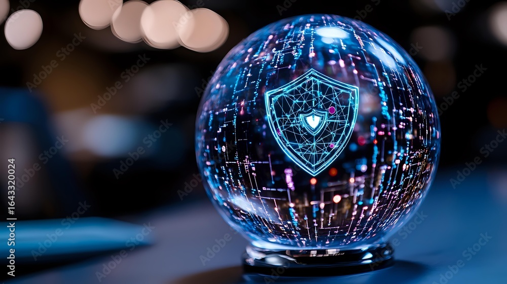Poster glowing cybersecurity shield icon inside crystal sphere with digital circuit patterns on dark backgr