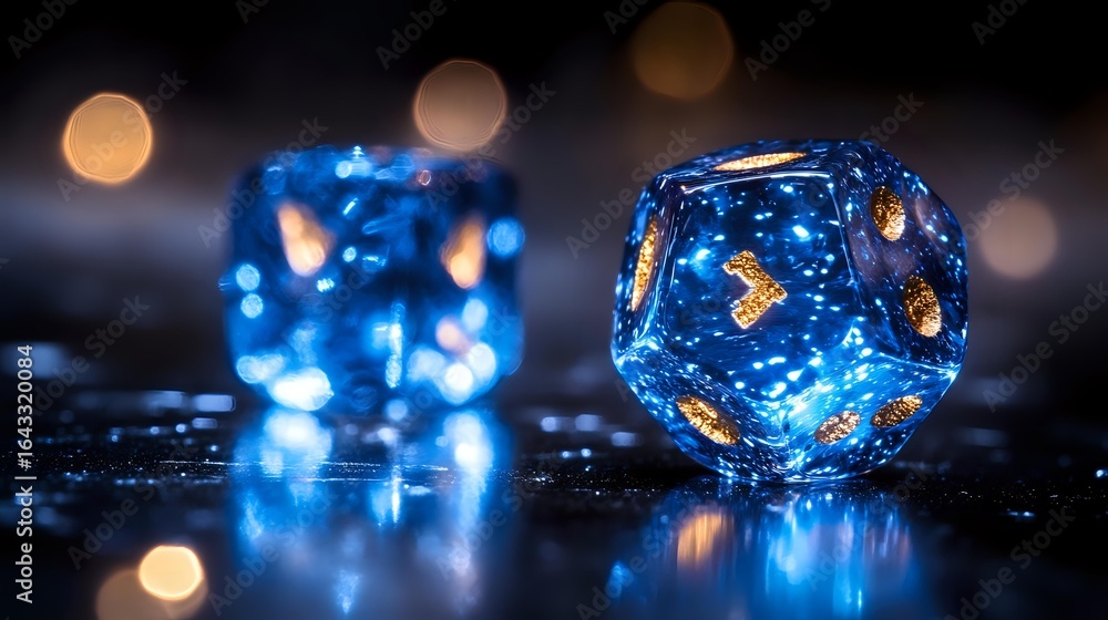 Poster glowing blue translucent dice with golden numbers on dark reflective surface, magical bokeh lights c