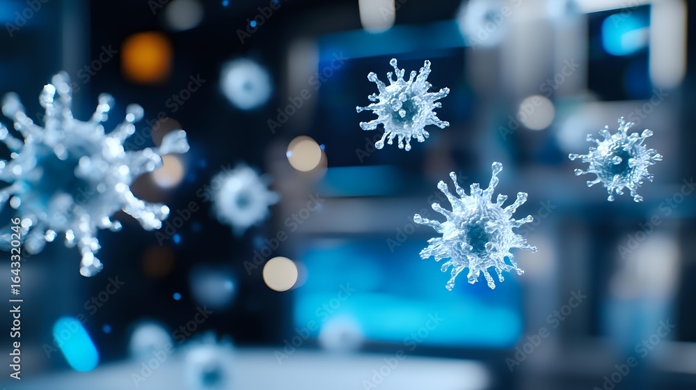 Poster microscopic view of virus cells floating in blue digital space with bokeh effect background, medical