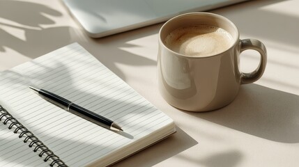 Minimalist White Desk with Laptop, Coffee, and Notebook ,Top View Workspace