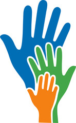 Obraz premium Vector illustration of three overlapping colorful hands representing unity, teamwork, diversity, social care, and community collaboration in modern design.