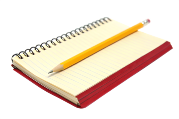 Yellow pencil resting on spiral bound notebook isolated on a transparent background