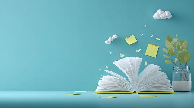 Open book with floating elements on a teal background.
