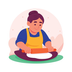 Creatively crafted flat illustration of an elderly woman gently rolling out dough with a rolling pin