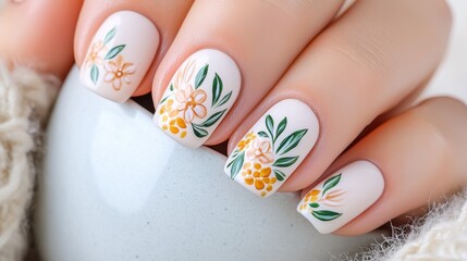 A beautifully manicured hand showcasing floral nail art against a cozy background, perfect for beauty and self-care themes.