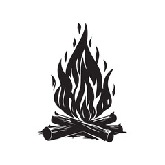 Black and White Campfire Silhouette with Logs and Flames Design
