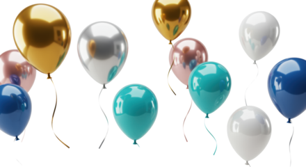 Elegant, glossy balloons in metallic gold, silver, rose gold, corporate blue, teal, white, scattered on a transparent studio background with copy space, concept of corporate success and celebration