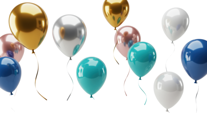 Elegant, glossy balloons in metallic gold, silver, rose gold, corporate blue, teal, white, scattered on a transparent studio background with copy space, concept of corporate success and celebration