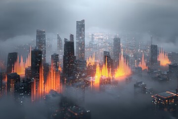 Neon‑lit futuristic skyline of tall buildings at night with overlapping bar chart represents making progress in market share