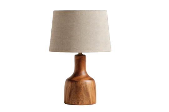 Light beige linen lampshade on a light brown wooden base