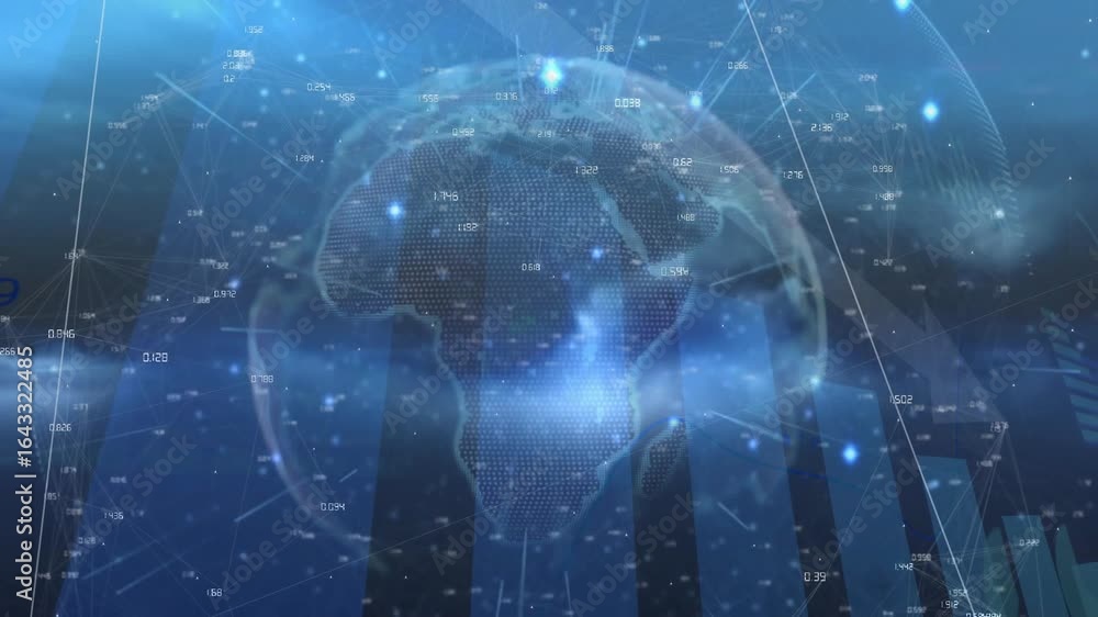Poster digital globe emerging, rotating, connecting nodes and rising data bars visualizing data flow