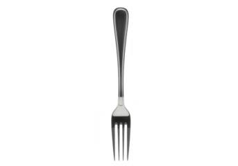 A single polished metal fork with four prongs, isolated on transparent background