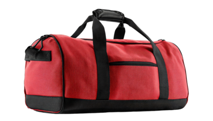 Red duffel bag, black accents