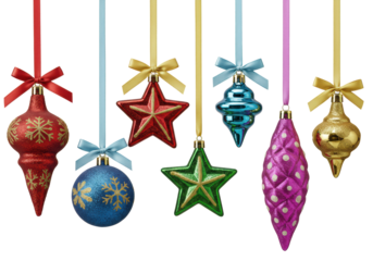 Five vibrant holiday ornaments (spheres, stars, abstract) with patterns and ribbons on transparent background, copy space, soft light. Joyful celebration concept