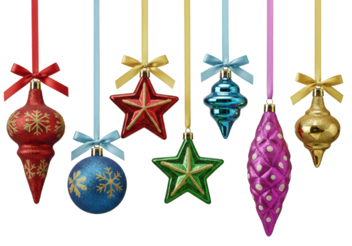 Five vibrant holiday ornaments (spheres, stars, abstract) with patterns and ribbons on transparent background, copy space, soft light. Joyful celebration concept - Powered by Adobe
