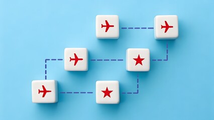 Travel Route – Navigation and Journey Concept, Abstract, Strategy, Motivation, Light Blue Background, Airplane and Star Cubes