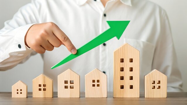 Real Estate Growth – Housing Market and Investment Concept, Abstract, Strategy, Motivation, Green Arrow, Wooden House Models