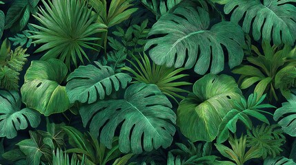 Vibrant green tropical leaves create a lush, inviting backdrop filled with different textures and shades.