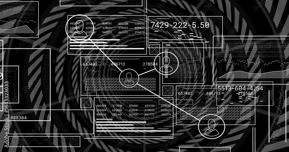 Poster swirling vortex initiating network nodes appearing and connecting while data scrolling showing flow