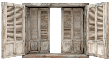 Aged wooden shutters on a wide window
