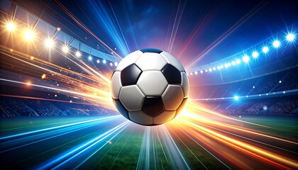 Dynamic soccer ball hovering with light trails in a vibrant stadium scene