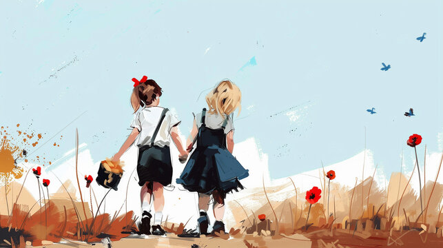 Two little girls in school uniform walk together.
