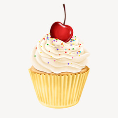 Cherry cupcake, delicious bakery dessert illustration