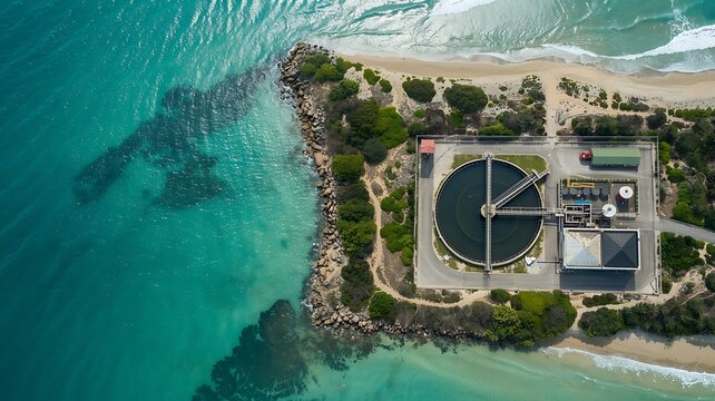 Aerial view of a modern water treatment plant situated on a rocky coastline with turquoise ocean waters and sandy beach