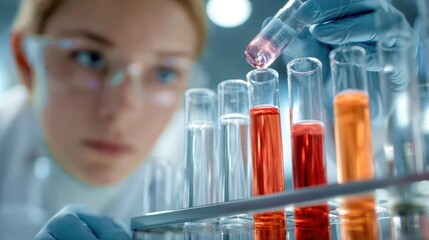 A scientist in a lab coat and safety glasses intently examines test tubes filled with colorful liquids, symbolizing a medical breakthrough