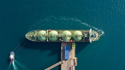 Aerial view of a large industrial floating storage and regasification unit fsru with lng tanks on a calm blue sea