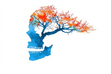 Abstract watercolor design of a human skull merging with a tree, symbolizing nature and life. Vibrant hues of blue and orange create a striking visual effect on a white background.