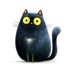 Adorable cartoon black cat with big yellow eyes