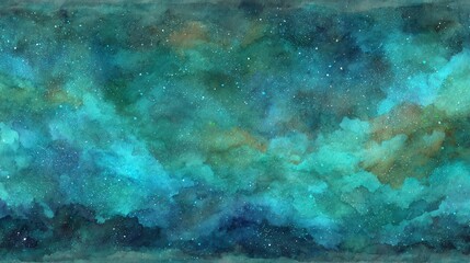 Obraz premium Abstract watercolor illustration with deep teal and turquoise hues depicting a mystical night sky with scattered stars. Ideal for creative backgrounds and artistic projects.