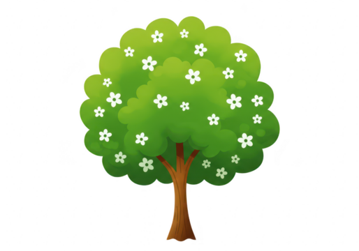 A vibrant green cartoon tree with white flowers, isolated on a transparent background, symbolizing nature and growth