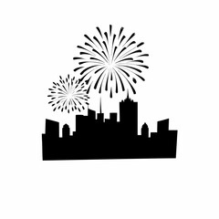Naklejka premium Silhouette of a cityscape with fireworks exploding above the buildings in a black and white illustration
