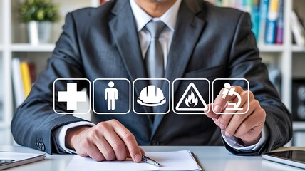 Businessman selecting health safety and environmental icons representing workplace protection and employee well being in a modern office setting