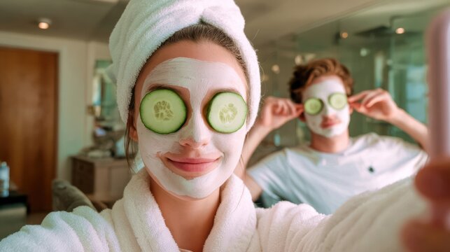 A young couple takes a fun selfie while wearing face masks and cucumber slices over their eyes in a spa setting - Powered by Adobe