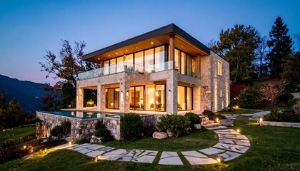 Modern luxury home at twilight
