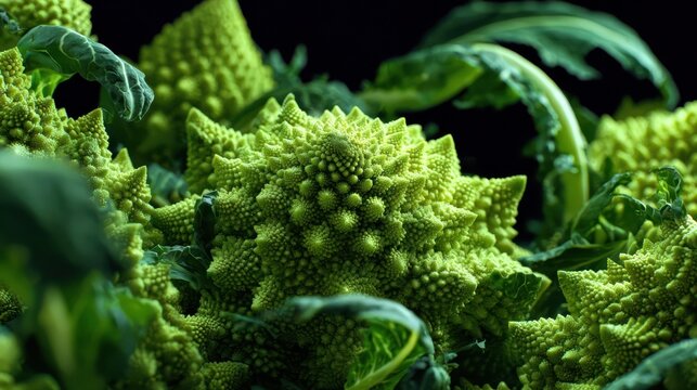 A close-up shot of romanesco broccoli with its fractal, spiky florets and vibrant green color against a dark background