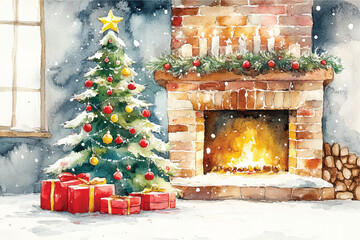 Watercolor Christmas tree and fireplace, cozy winter holiday decoration