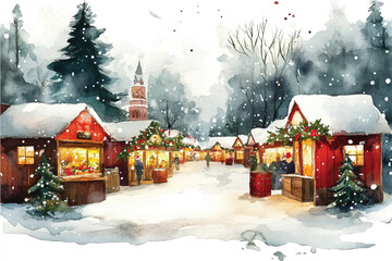 Watercolor Christmas card with holiday market in winter town with Christmas tree and snow cozy celebration landscape
