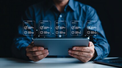 Businessman analyzing digital checklist and data on tablet screen with futuristic holographic interface and glowing icons representing progress and success