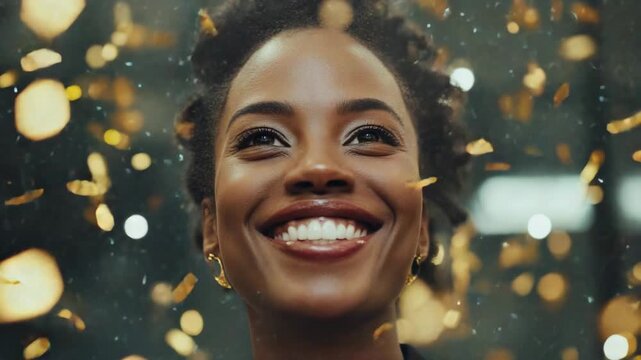 A happy woman surrounded by gold confetti, perfect for celebrations and joyful occasions