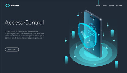Futuristic smartphone interface with a holographic shield and fingerprint icon, symbolizing secure access, identity protection, and advanced mobile technology on a glowing dark background.