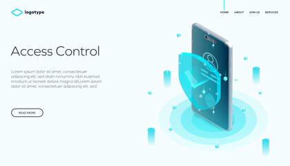Modern digital illustration of a smartphone with a holographic shield and fingerprint icon, symbolizing secure access, mobile technology, and cyber protection. on a glowing light background.