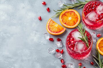 Pomegranate rosemary cocktail with red orange slices and ice cubes on grey background, flat lay close-up with copy space for menu design