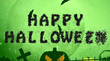 Halloween Title Card: 'Happy Halloween' with Green Background and Pumpkin Silhouette