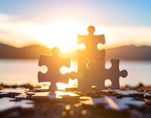 Bright Puzzle Pieces Coming Together on a Beach at Sunset, Symbolizing Teamwork and Connection