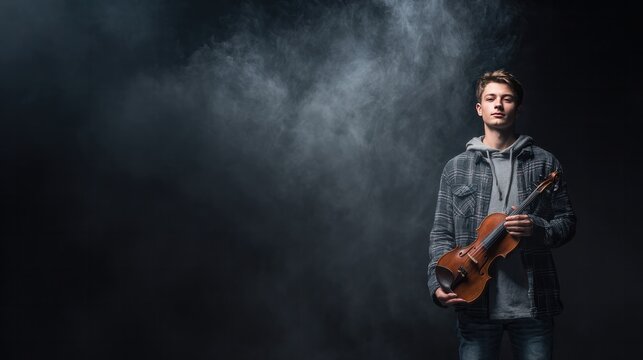 Soloist with the Violin: A pensive musician stands under dramatic lighting, clutching a violin, embodying the essence of artistic passion and dedication.