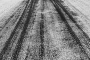 Black tire marks on road, Black rubber tire marks and tread marks, Tire trace track wheels texture...